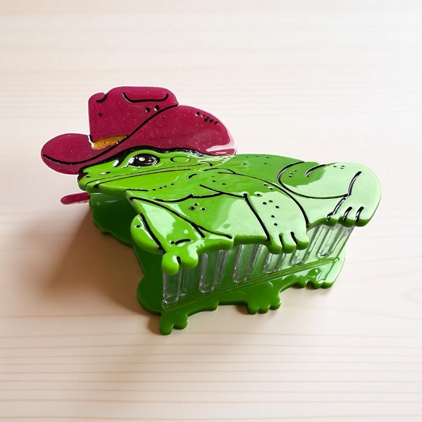 Cowboy Frog Hair Claw Clip - Pink Glitter Hat